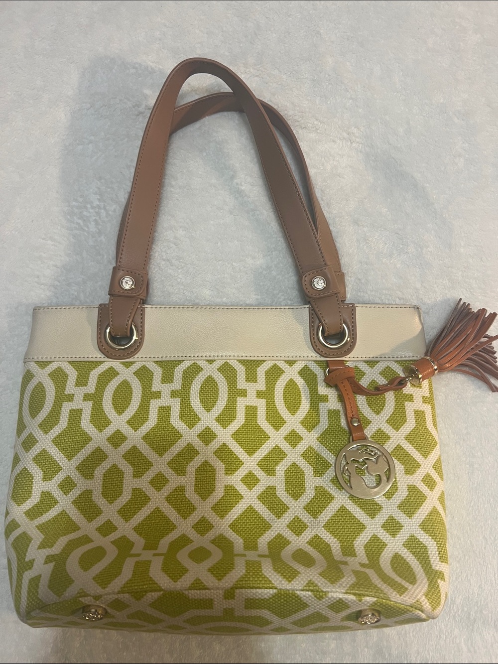 Spartina 449 Lime Geometric Tote with Tan Handles